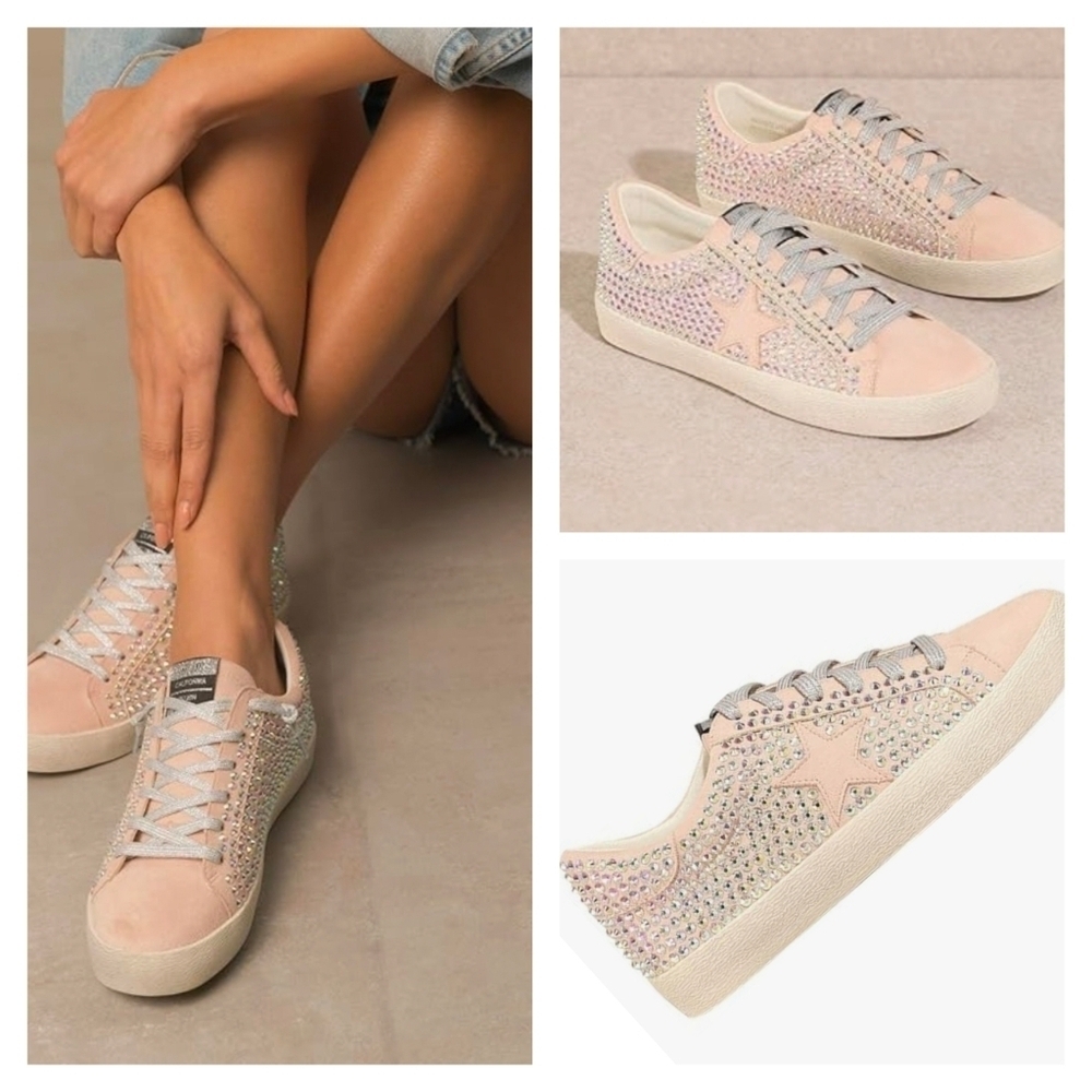 Mi.iM Joann Rubber Sole Pink Lace-up Rhinestone Suede Star Sneakers